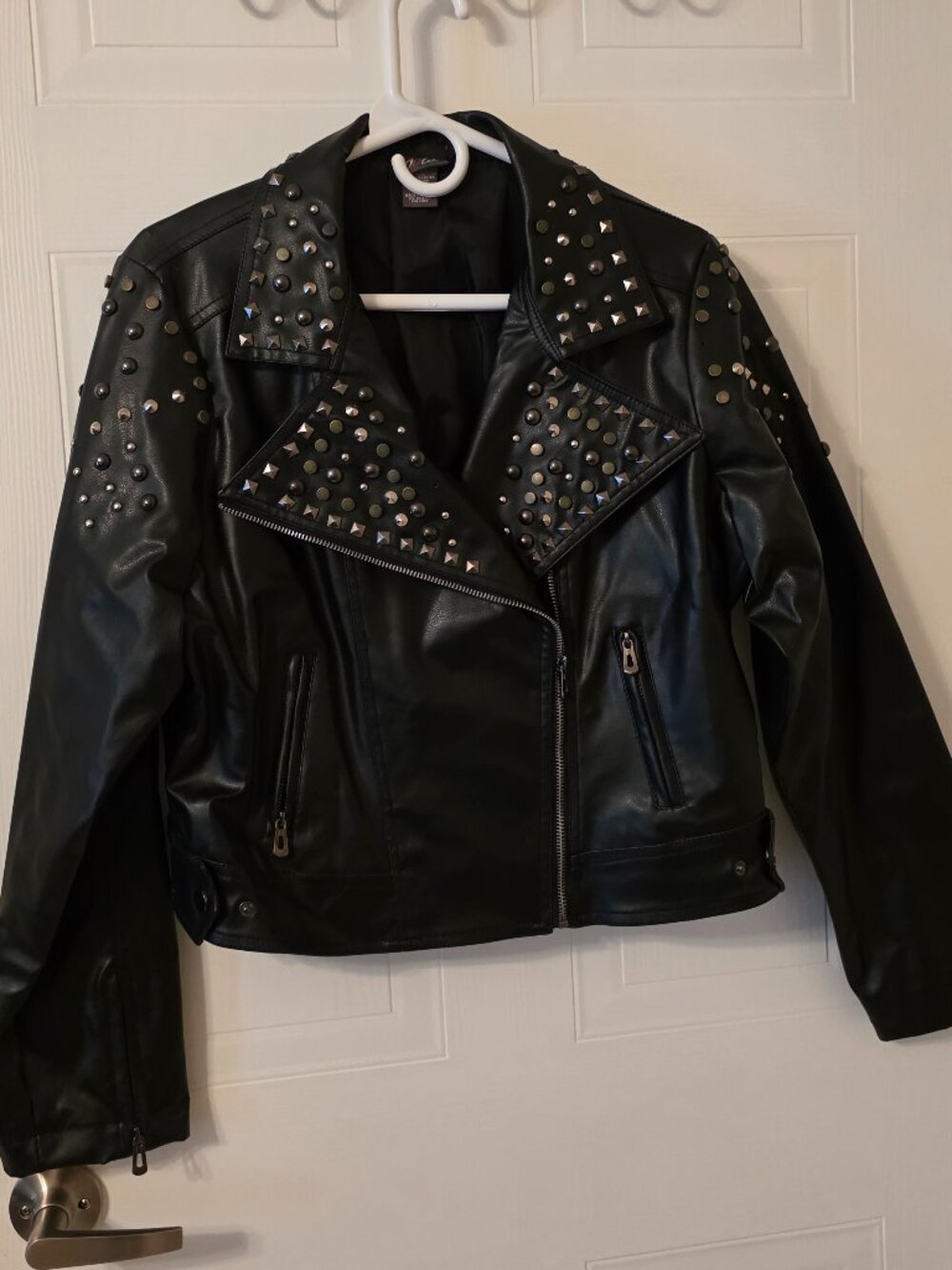 Black Studded Pleather Biker Jacket Size L